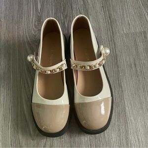 beige and tan velcro maryjane platform with bejeweled strap